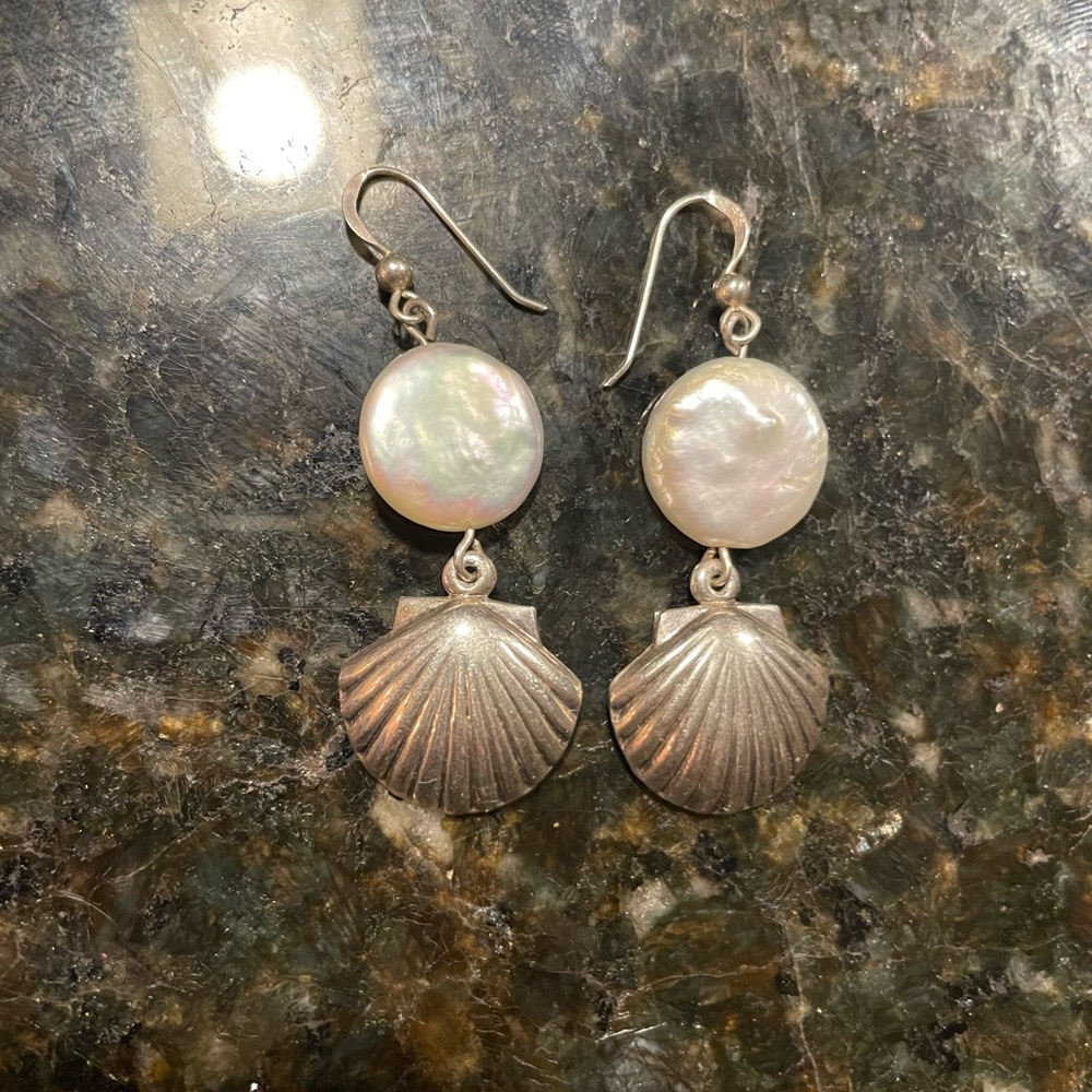 Pearl and silver shell earrings